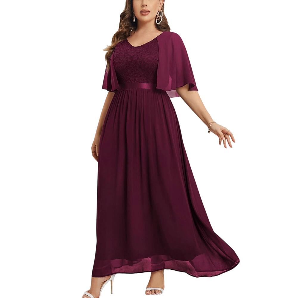 NEW Knitee Women's Plus Half Sleeves Cape Dress Lace Chiffon V Neck Wine 2XL